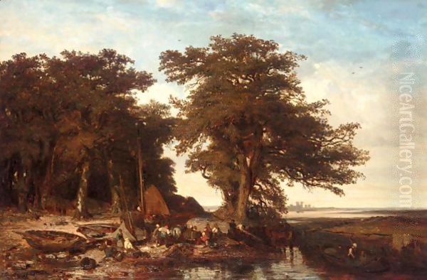 Lake Landscape With Figures Oil Painting by Jules Dupre