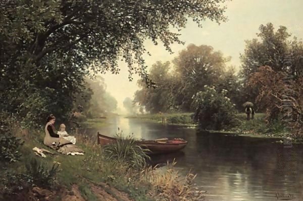 Picnic On The Riverbank Oil Painting by Ascan Lutteroth