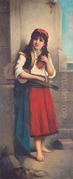 Girl With Guitar Oil Painting by Egisto Ferroni