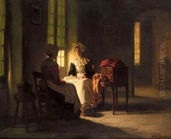 Sewing By The Window Oil Painting by Claude Joseph Bail