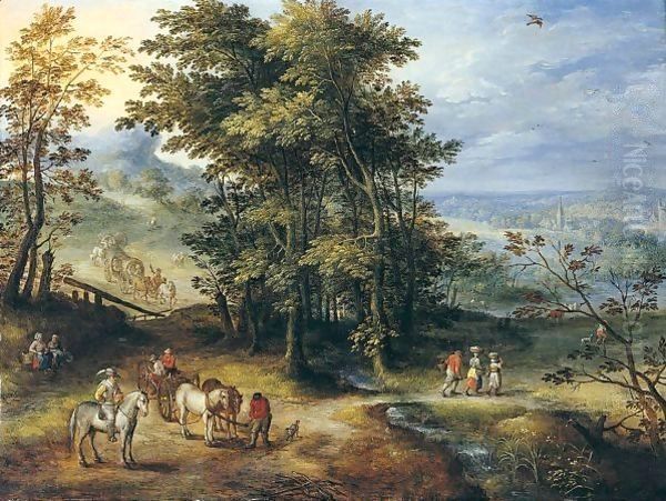 An Extensive Wooded Landscape With Travellers On A Path Oil Painting by Joseph van Bredael