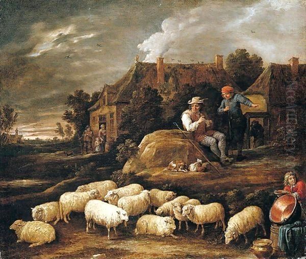 A Shepherd Tending His Sheep And Conversing With A Traveller At The Edge Of A Village, A Boy Collecting Water In The Foreground Oil Painting by David The Younger Teniers