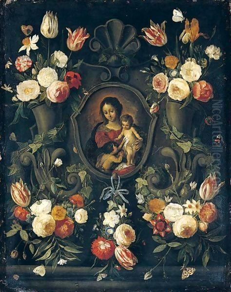 A Stone Cartouche Adorned With Flowers And Butterflies, Surrounding An Image Of The Virgin And Child With The Infant Saint John The Baptist Oil Painting by Jan van Kessel