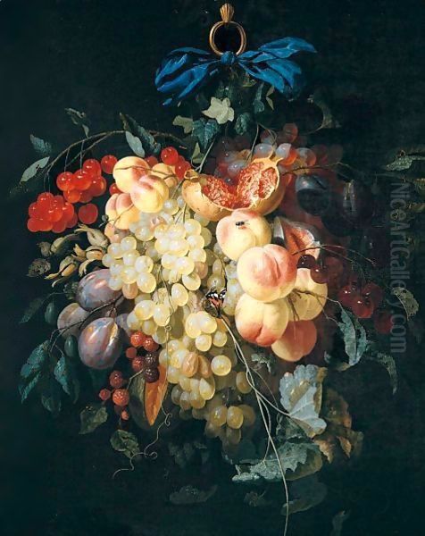 Still Life Of Grapes, Peaches, Plums, Raspberries And Cherries, Suspended From A Ring, Tied With A Blue Ribbon, Together With A Red Admiral Butterfly And A Fly Oil Painting by Johannes Hannot