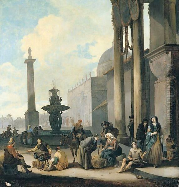 Figures And Tradesmen Near A Fountain In A Roman Square Oil Painting by Johannes Lingelbach