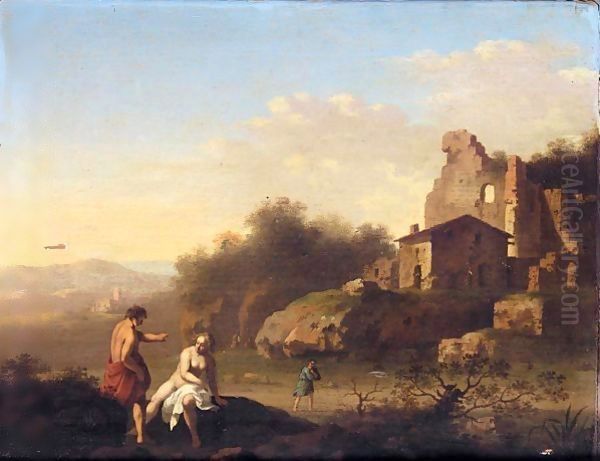 A Southern Landscape With Two Figures Bathing Near Ruins Oil Painting by Cornelis Van Poelenburgh