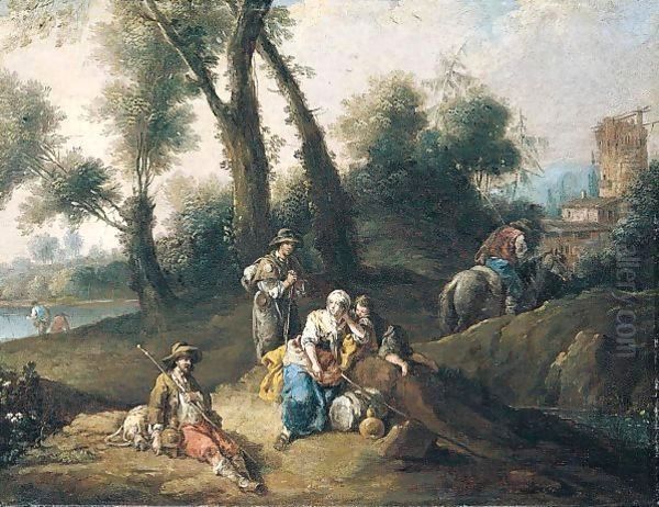 A Landscape With Travellers And Pilgrims Resting Beside A Stream, Ruins Beyond Oil Painting by Giuseppe Zais