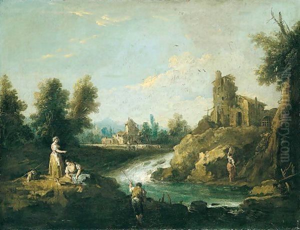 A River Landscape With A Fisherman And Women In The Foreground, A Woman Carrying Water Towards A House Beyond Oil Painting by Giuseppe Zais