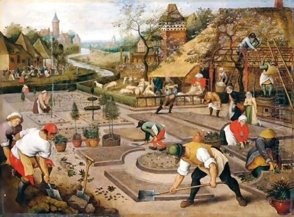 Spring Gardeners Digging And Planting A Formal Garden Oil Painting by Pieter The Younger Brueghel