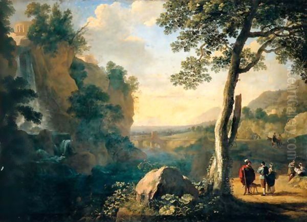 A Southern Landscape With A Fisherman And Figures Conversing On A Road Beside A Waterfall, A Hill Town Above And A Bridge Beyond Oil Painting by Herman Van Swanevelt