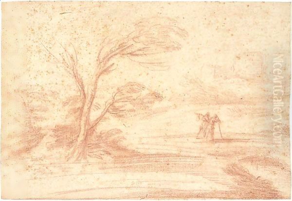 A Landscape With A Tree And Two Travellers Near A Pond In The Foreground, And Distant Buildings Behind Oil Painting by Giovanni Francesco Barbieri