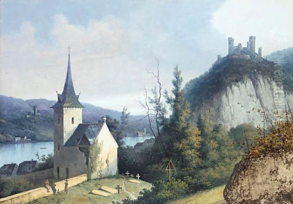 A Rhine View With A Church And A Ruined Castle On A Hill (Possibly Oberwesel) Oil Painting by Henri Knip