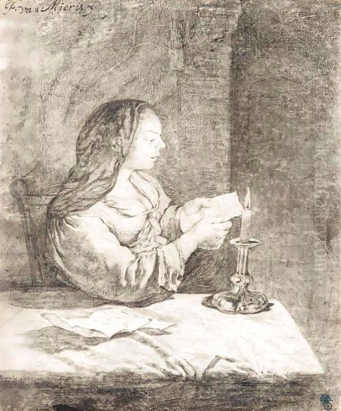 A Young Woman Seated At A Table, Reading A Letter By Candlelight Oil Painting by Frans van Mieris