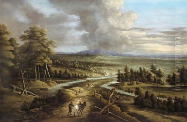 An Extensive River Landscape With Figures On A Road Oil Painting by Lucas Van Uden