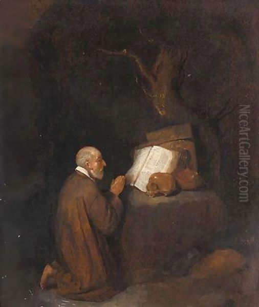 A Study Of A Hermit Kneeling Before An Open Book And Skulls Oil Painting by Quiringh Gerritsz. van Brekelenkam