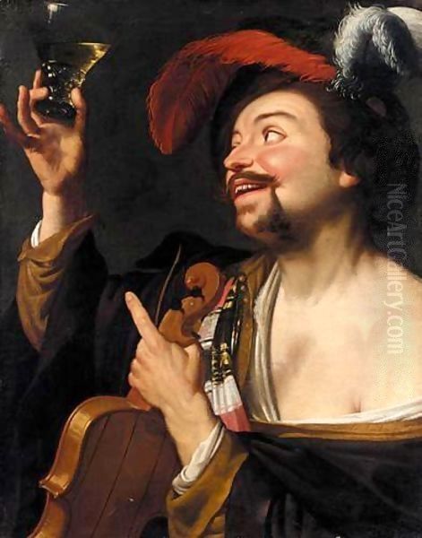 A Merry Violinist Holding A Roemer Oil Painting by Gerrit Van Honthorst