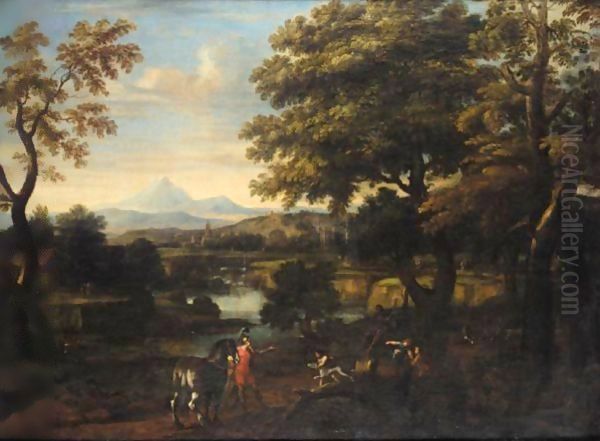 An Italianate Landscape With Erminia And The Basket Weavers Oil Painting by Pietro Paolo Bonzi