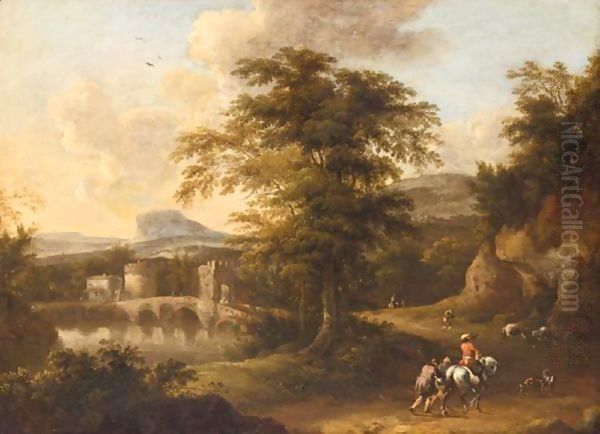 A Southern Landscape With A Horseman And Other Travellers Near A Bridge At Dusk Oil Painting by Frederick De Moucheron