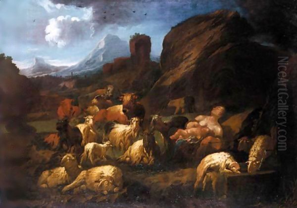 An Italianate Landscape With A Shepherd And His Animals Oil Painting by Philipp Peter Roos