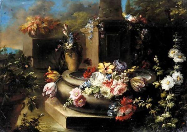 A Classical Garden With Flowers In A Stone Urn, Before A Column Oil Painting by Gasparo Lopez