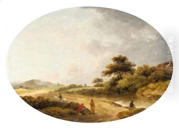 Rustics By A River In A Wooded Landscape Oil Painting by George Morland