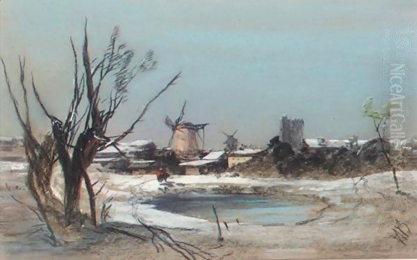 Winter Landscape With Windmill Oil Painting by Henry Bright