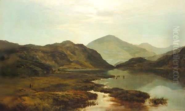 Figures And Cattle In A Mountain Landscape Oil Painting by Sidney Richard Percy