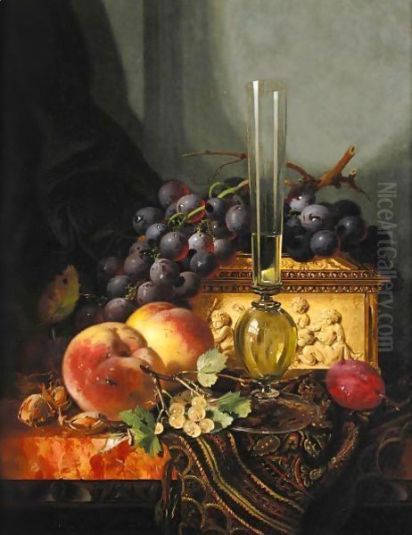 Still Life With Peaches, Grapes, Hazelnuts And A Plum With A Wine Glass And A Casket Oil Painting by Edward Ladell