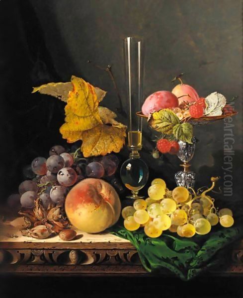 Still Life With Peaches Grapes Hazelnuts Raspberries And Plums With A Wine Glass Oil Painting by Edward Ladell