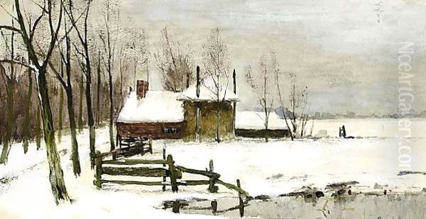 A Farm In A Winter Landscape Oil Painting by Geo Poggenbeek