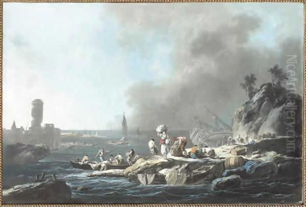 Personnages Sur Un Quai Au Bord De La Mer Apres La Tempete Oil Painting by Jean-Baptiste Pillement