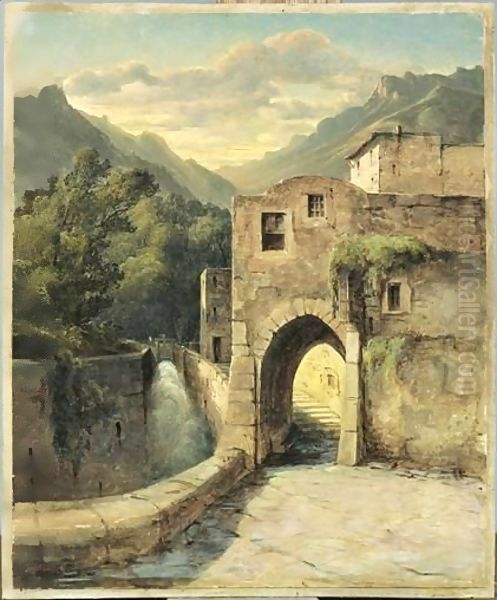 Vue D'Un Village En Bordure De Torrent Oil Painting by Alexandre Calame