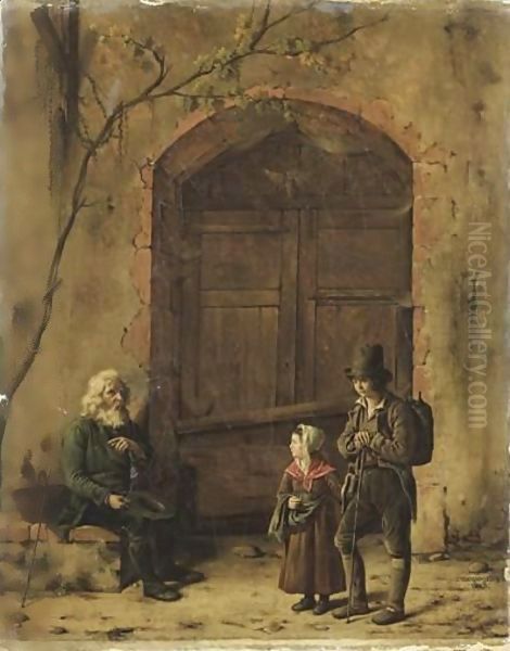 Deux Enfants Passant Devant Un Vieillard Oil Painting by Claude Jacquand