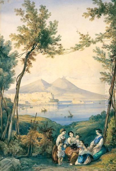 Popolane E Bambini In Un Bosco Con Il Vesuvio In Lontananza Oil Painting by Consalvo Carelli