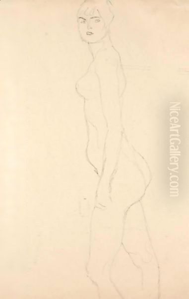 Akt Nach Links, Studie Fur 'Die Freundinnen' (Nude Turned To The Left, Study For 'Die Freundinnen') Oil Painting by Gustav Klimt