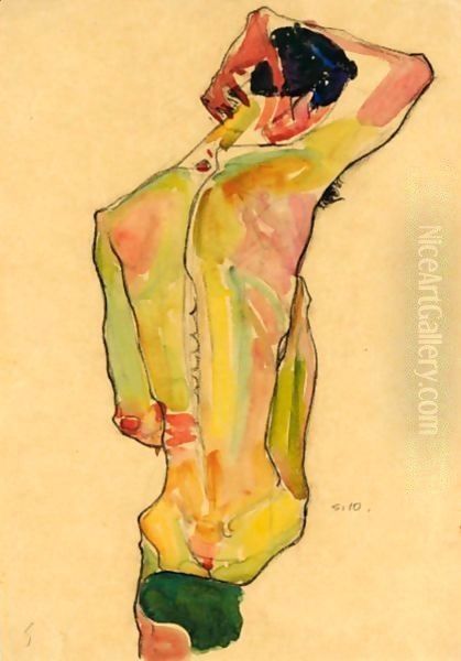 Sitzender Mannlicher Ruckenakt (Seated Male Nude, Back View) Oil Painting by Egon Schiele