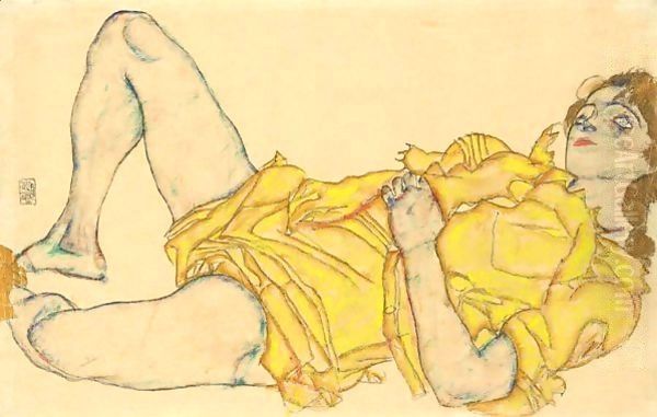 Liegende Frau In Gelbem Kleid (Reclining Woman In Yellow Dress) Oil Painting by Egon Schiele