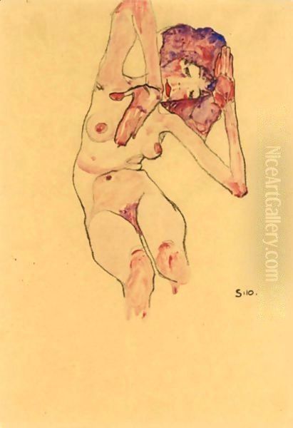 Sitzender Frauenakt Mit Geneigtem Kopf Und Erhobenen Armen (Seated Female Nude With Tilted Head And Raised Arms) Oil Painting by Egon Schiele