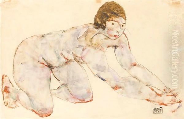 Kniender Weiblicher Akt (Crouching Female Nude) Oil Painting by Egon Schiele