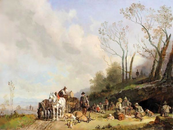 Jagdgesellschaft (The Hunting Party) Oil Painting by Heinrich Burkel