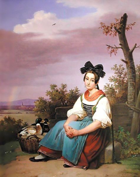 Die Entenverkauferin (Girl Selling Ducks) Oil Painting by Theodor Leopold Weller