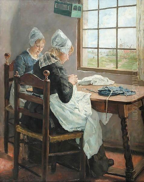 Dutch Seamstresses, Or Sisters In The Sewing Room Oil Painting by Fritz von Uhde