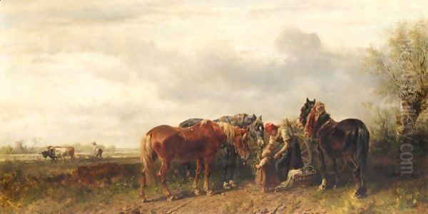 Rast Von Der Arbeit (A Rest From Work) Oil Painting by Ludwig Hartmann