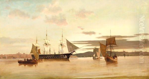 Boats On The Coast Of Constantinople Oil Painting by Anton Melbye