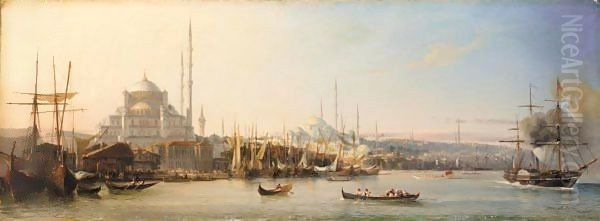 La Corne D'Or (The Golden Horn With The Suleimaniye And The Fatih Mosques, Constantinople) Oil Painting by Antoine Leon Morel-Fatio