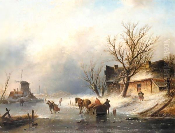 Figures Skating On A Frozen River Near A Windmill Oil Painting by Jan Jacob Coenraad Spohler