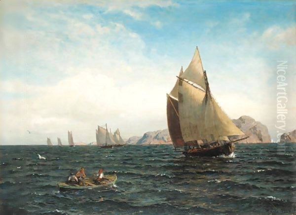 Seilbater Pa Fjorden (Sailing Off The Norwegian Coast) Oil Painting by Hans Fredrik Gude