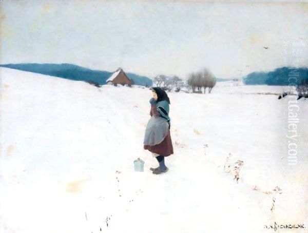 En Spadseretur I Sneen (A Walk In The Snow) Oil Painting by Hans Anderson Brendekilde