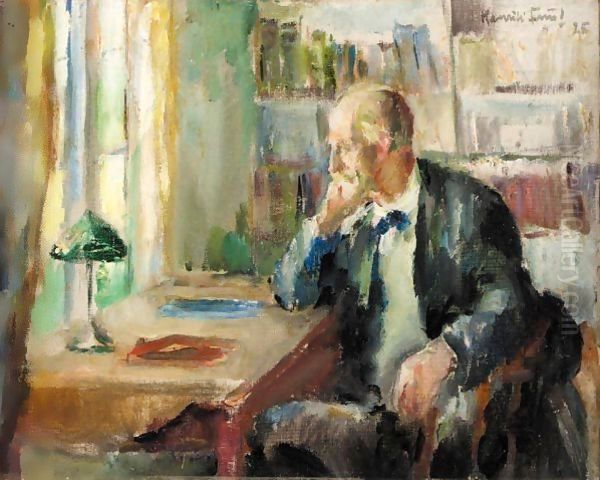 Knut Hamsun I Sitt Arbeidsvarelse (Knut Hamsun In His Study) Oil Painting by Henrik Lund