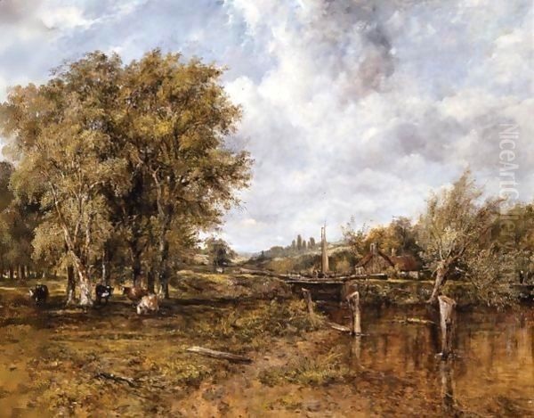 A Wooded Landscape With Cattle And A Cottage Beyond Oil Painting by Frederick Waters Watts